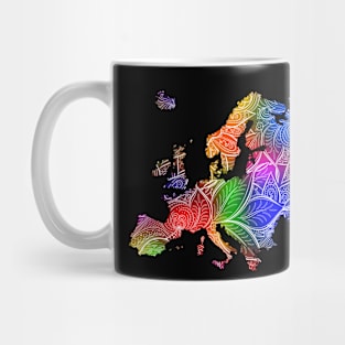 Colorful mandala art map of Europe with text in multicolor pattern Mug